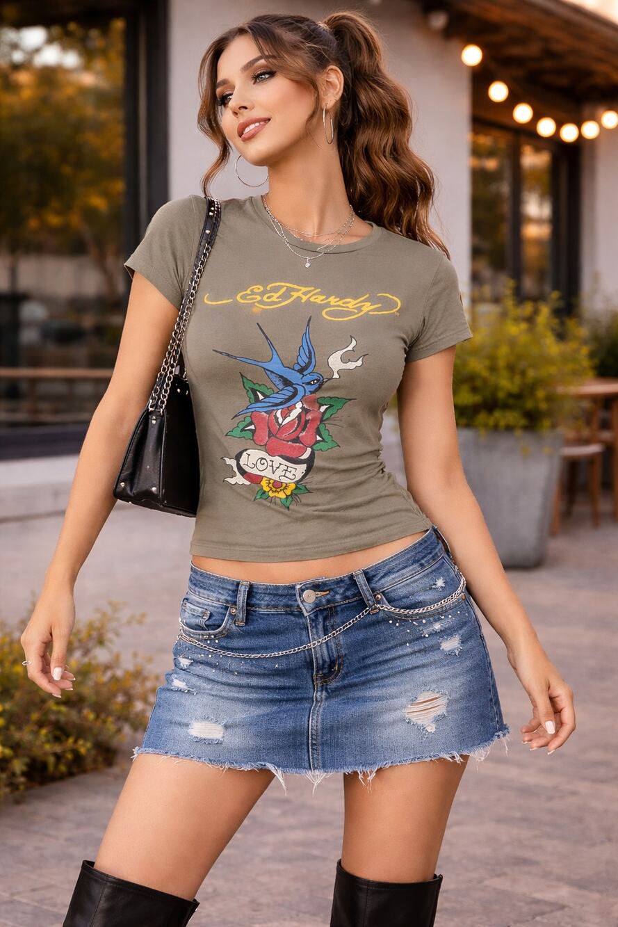 Ed Hardy Women's Vintage Y2K Love Tattoo Graphic Tee Swallow Rose Khaki Size S